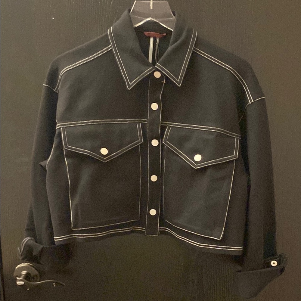 Anthropologie Black Jean Jacket with White Stitching